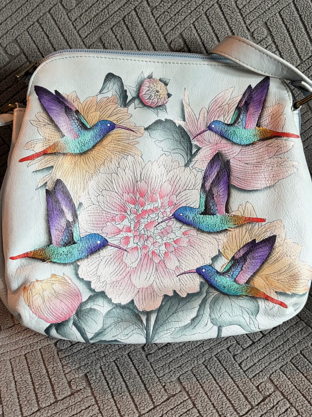 Anuschka White Crossbody with Multicolor Hummingbird & Floral Art